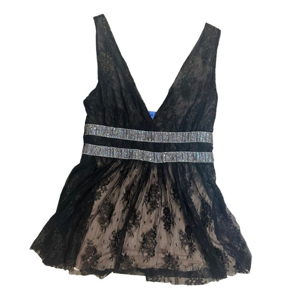 Tank Top Fairy Grunge Brown Floral Lace Sequin V-Neck Boho Y2K Bimbo Extra Small - Picture 1 of 3